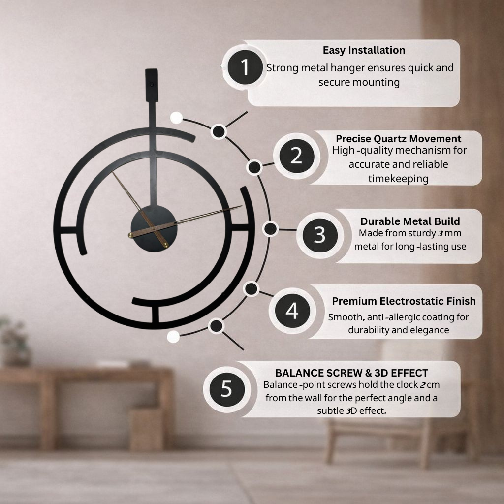 Oversized Metal Wall Clock: Modern Home Decor, Silent Quartz Movement, Black Frame