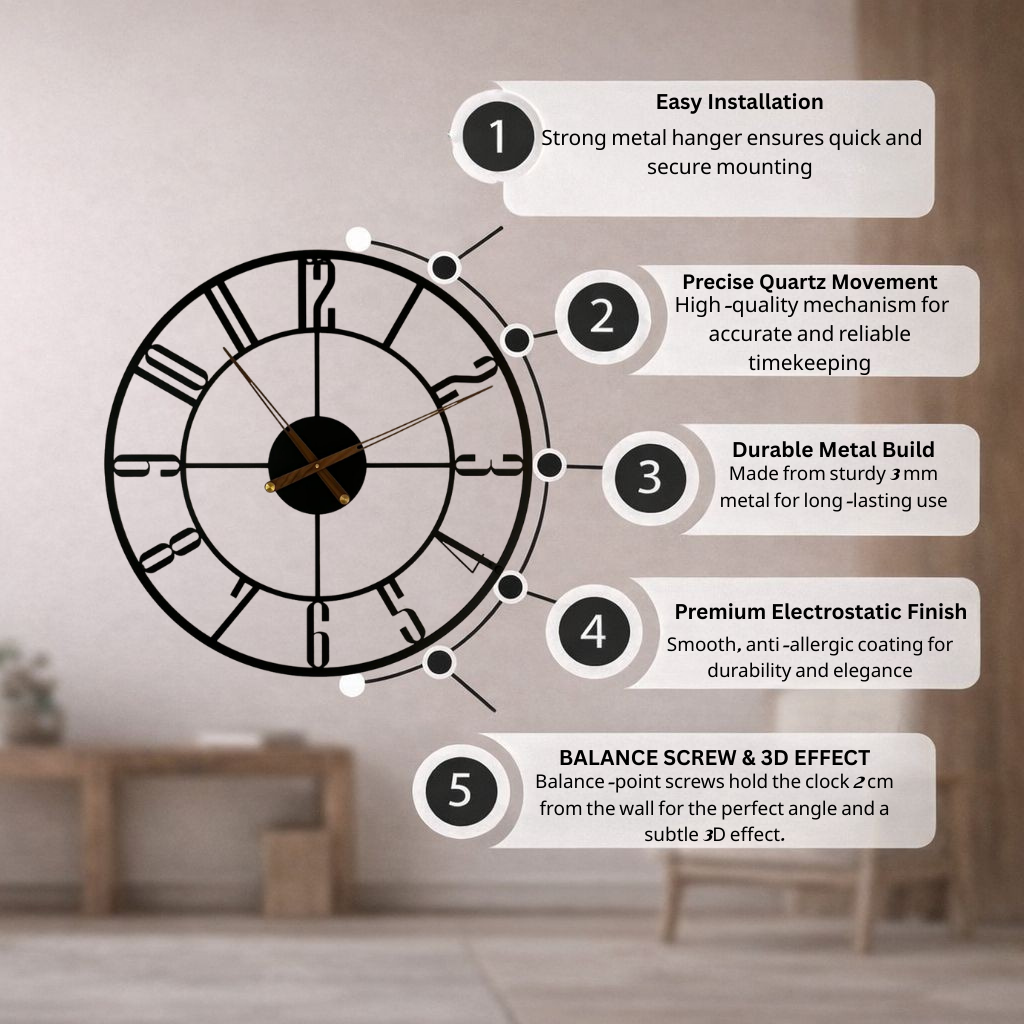 Modern Metal Wall clock with Latin Numerals, Large Wall Clock. H103