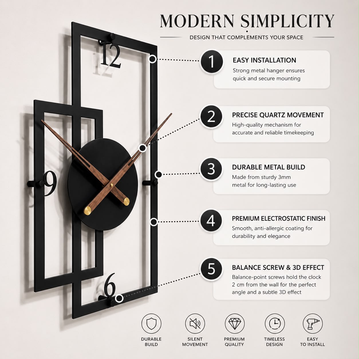 Modern Geometric Metal Wall Clock | 71 × 35 cm | Silent Movement |